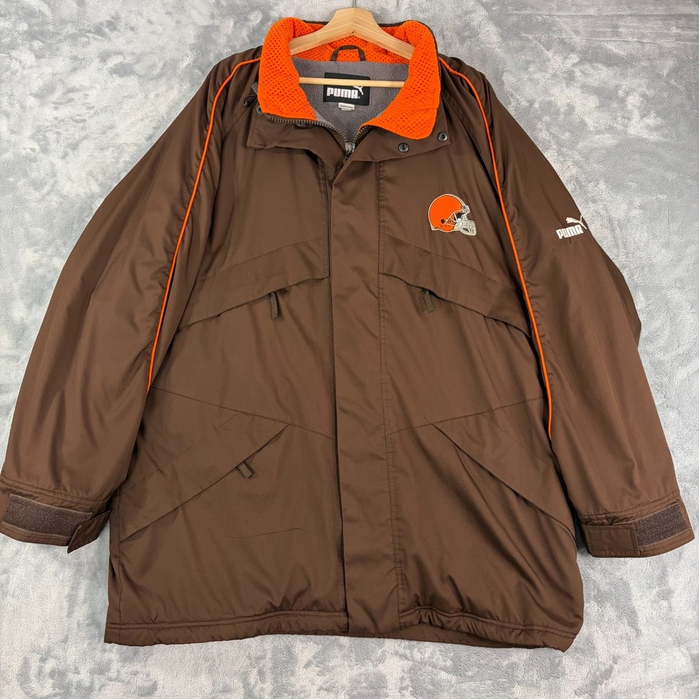 Vintage Cleveland Browns NFL Puma Mens XL Brown Full Zip Up Jacket Parka